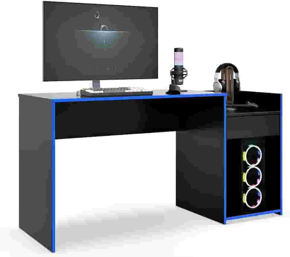 Mesa para Computador Pc Gamer Com Gaveta Nicho Escrivaninha Eros (Preto/Azul)