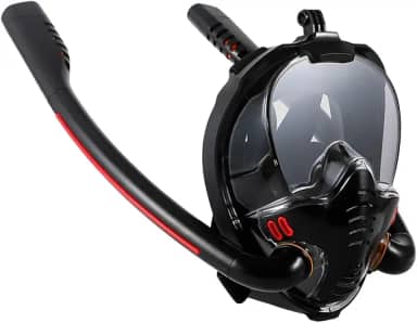 Máscara de Mergulho Profissional Full Face Snorkel Duplo, com suporte para câmera. Garantia de vedação ideal, sem entrada de água, para mergulhos e aventuras subaquáticas.