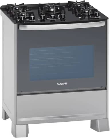 SUGGAR FOGÃO MASTER GRILL PRATA MESA DE VIDRO 5 BOCAS TRIPLA CHAMA GRILL 110V TREMPE FERRO FUNDIDO ACENDIMENTO SUPERAUTOMÁTICO FGVMTG511PRIX