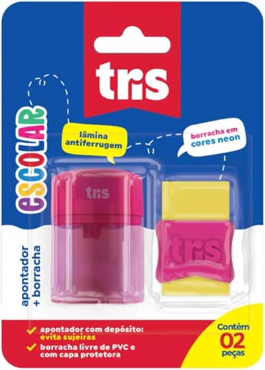 Apontador com Borracha, Tris, 7897476681085, Multicor, pacote de 2