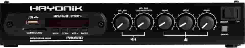 HAYONIK, Amplificador Para Som Ambiente C/Gongo Eletrônico, 50W RMS, Saída 70 Volts, Bluetooth, USB, Rádio FM, Entrada para Microfone, Equalizador - PRO510