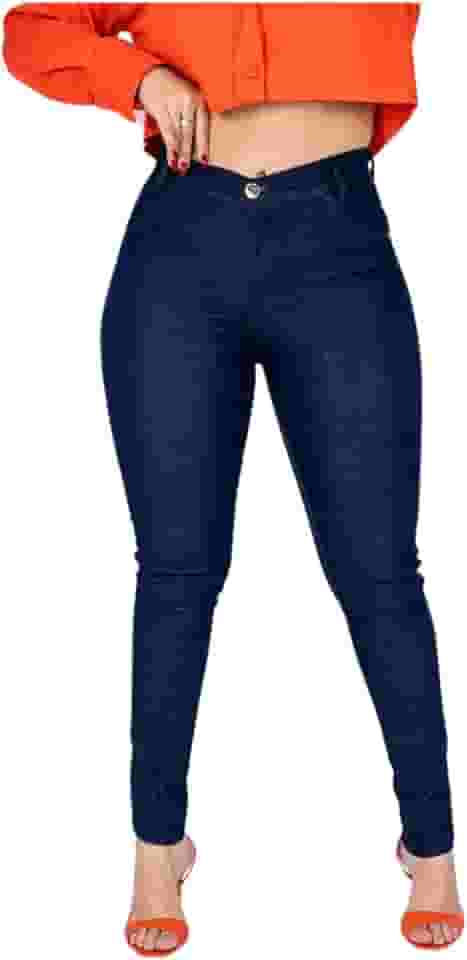 Calça Jeans Escuro Feminina Classica com Cintura Alta e Elastano Skinny