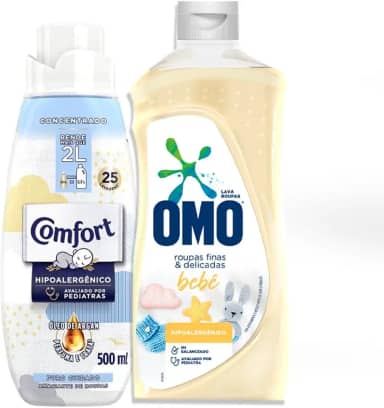 KIT limpeza de Roupas de Bebê de Roupas Hipoalergênico para Bebê, Comfort concentrado 500ml Sabão Líquido 900ml Omo