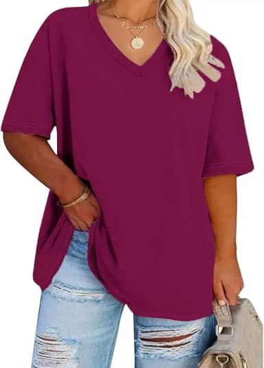 Camiseta feminina grande com gola V, blusa casual de algodão solto, camiseta esportiva de verão de cor sólida