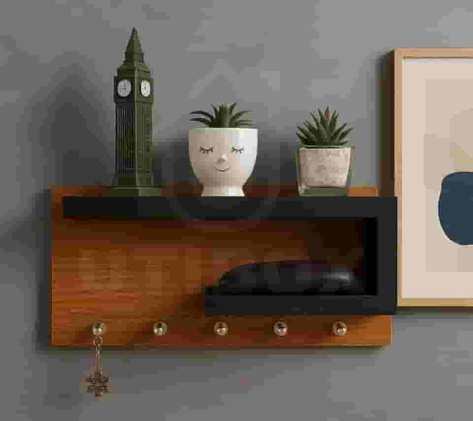 Porta Chaves de MDF com Prateleiras e Ganchos (freijo preto)