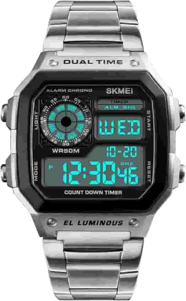 Relógio eletrônico de exibição única, Relógio Esportivo Digital À Prova D'Água com Horário Duplo, Cronógrafo, Contagem Regressiva, Alarme e Luz de Fundo