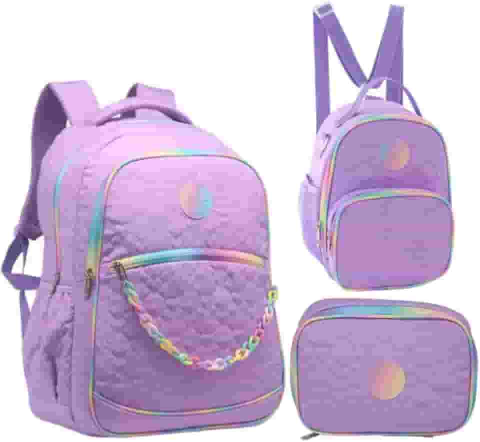 Kit 3 Peças Mochila De Costas Estampa Coração Com Estojo Lancheira Tipo Mochila Feminina Escolar Juvenil 18”