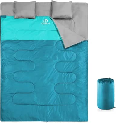 oaskys Saco de dormir duplo para adultos com 2 travesseiros – Queen Size GG Saco de dormir à prova d'água para todas as estações, acampamento, caminhada, mochilão, 2 pessoas, sacos de dormir para clima frio e quente