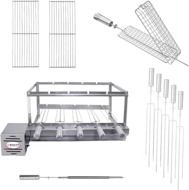 Kit Churrasqueira Gira Grill Inox 5 Espetos com 2 Grelhas Auxiliares, 1 Espeto grelha giratória e 1 Espeto Espada (Motor Esquerdo)
