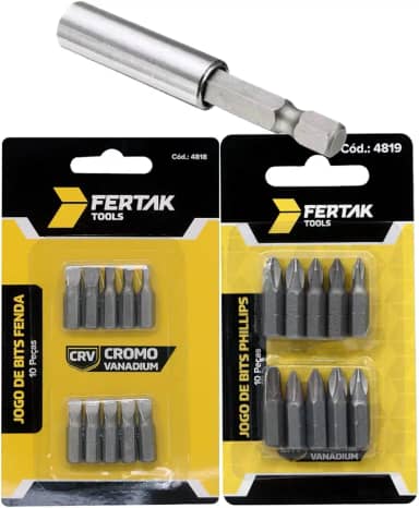 Jogo de Bits 21 Peças, Fenda e Phillips com Adaptador Magnético 1/4', 60mm, Cromo Vanádio