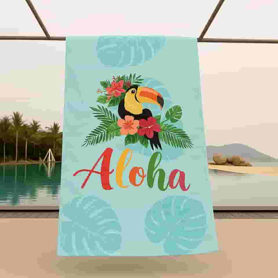 Toalha Estampada Grande 1,40m x 70cm Macia Absorve Piscina Praia Várias Dona Delicada Modelo (TUCANO ALOHA)