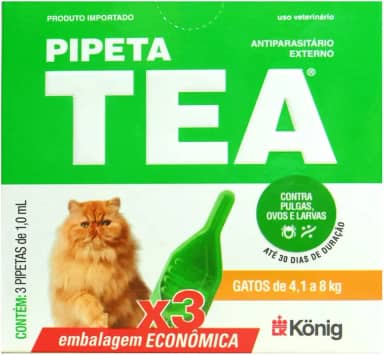 Pipeta Tea 1,0 ml Antiparasitário Contra Pulgas para Gatos de 4,1 até 8 Kg Kit C/ 3 unid. - König
