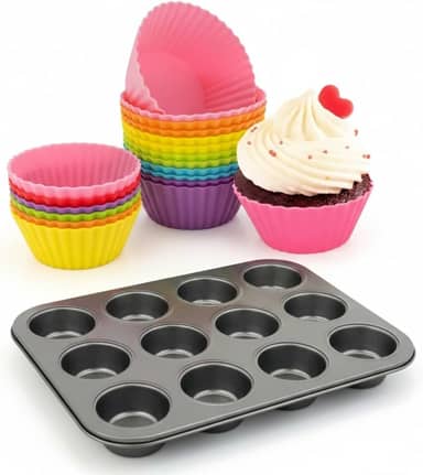 Kit Forminhas de Silicone Cupcake 12 Unidades Reutilizável e Forma de Aço Assadeira Antiaderente para Cupcake e Muffin - Formas para Mini Bolos Air Fryer ou Forno Premium MyBrins