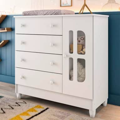 Cômoda Infantil 4 Gavetas com Fraldário Gabrielle Branco Brilho Carolina Baby