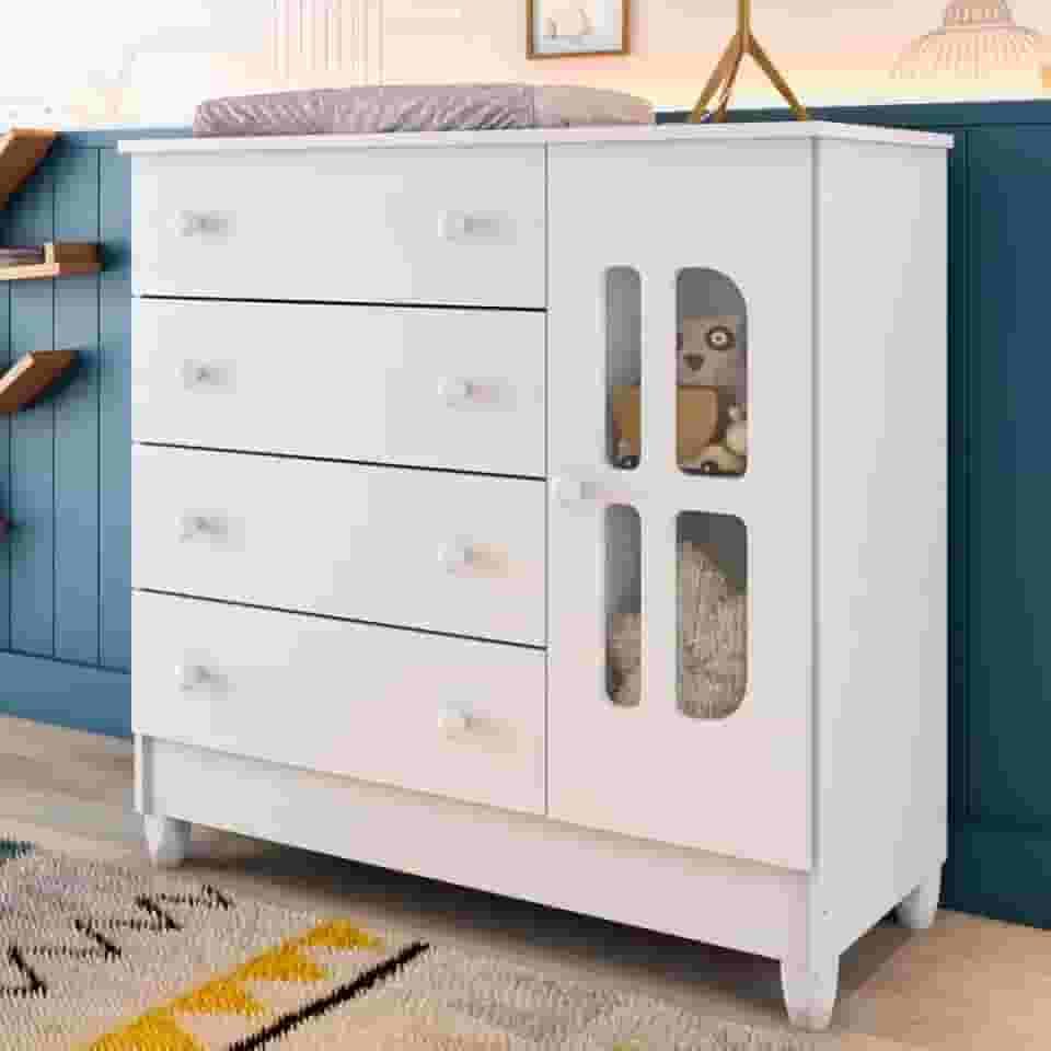 Cômoda Infantil 4 Gavetas com Fraldário Gabrielle Branco Brilho Carolina Baby