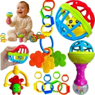Kit Chocalho para Bebê 8 Peças – Brinquedo Educativo Sensorial Colorido com Mordedor – Estimula Desenvolvimento Motor – Infantil 0 a 3 Anos Premium