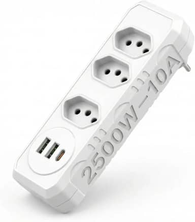 Extensão Tomada, 3 Tomadas e 2 Saídas USB e 1 Saída Tipo C, Botão de Liga e Desliga, Régua Com Filtro de Linha, Protege Seus Dispositivos Contra Curtos e Sobrecargas, 110V a 220V, Até 2500W