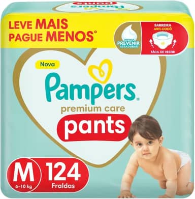 Pampers Premium Care Pants Fralda Tamanho M 124 Unidades, Fácil de Vestir