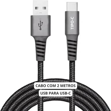 Cabo USB-C 2 Metros Tipo C Turbo 60W Ultra Rapido Reforçado Android e Iphone Notebook Tablet Qualidade Premium Carregamento Transferência de Dados