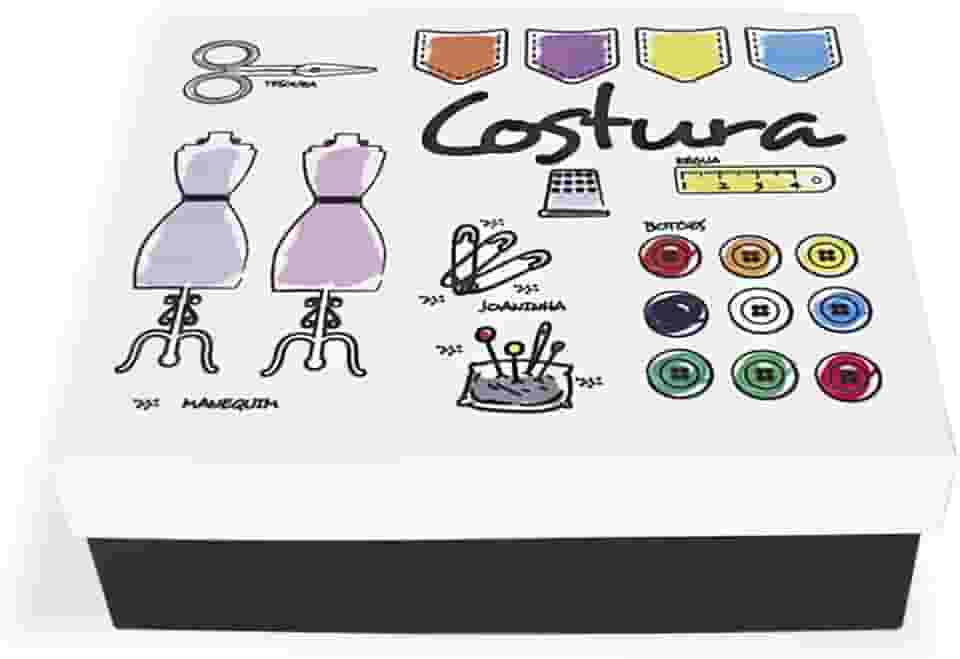 Geguton - Caixa Costura - Aço com Divisórias Internas - Organização e Decoração - Preto Fosco e Branco com Estampa
