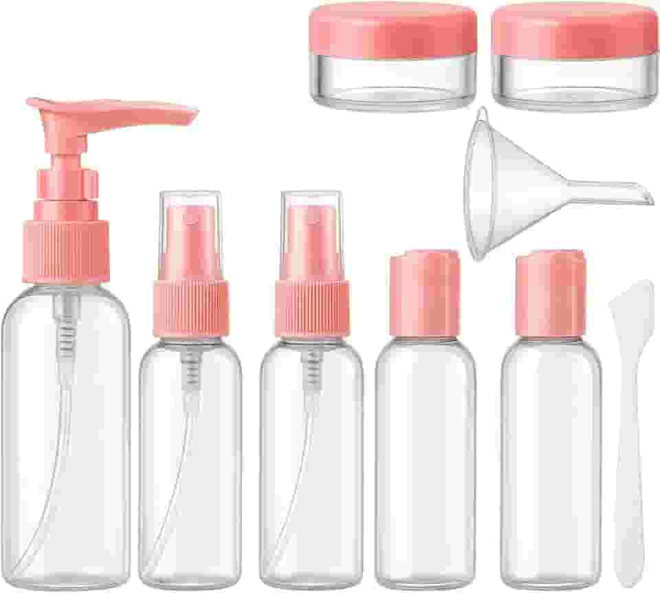 Frascos para Viagem Kit 9 Peças com Estojo Transparente Ideal para Shampoo Condicionador Sabonte Líquido Cremes Hidratante com Funil para Encher Recipientes Cosméticos (Rosa)
