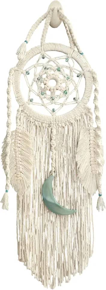 Filtro dos Sonhos em Macramê, Artesanal com Lua em pedra e Cristais, Decoração Boho (verde)