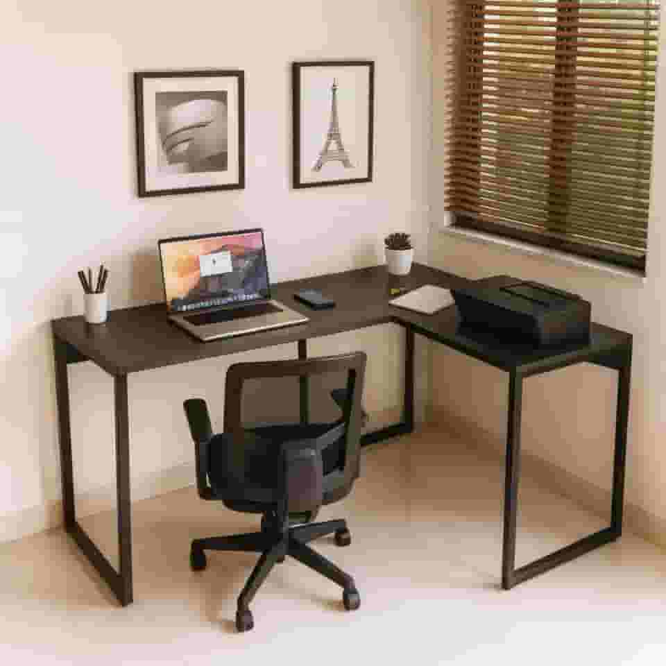 Mesa Escritório Escrivaninha Industrial em L de canto, 130x100, 100% MDF Premium Preto com Base em Aço