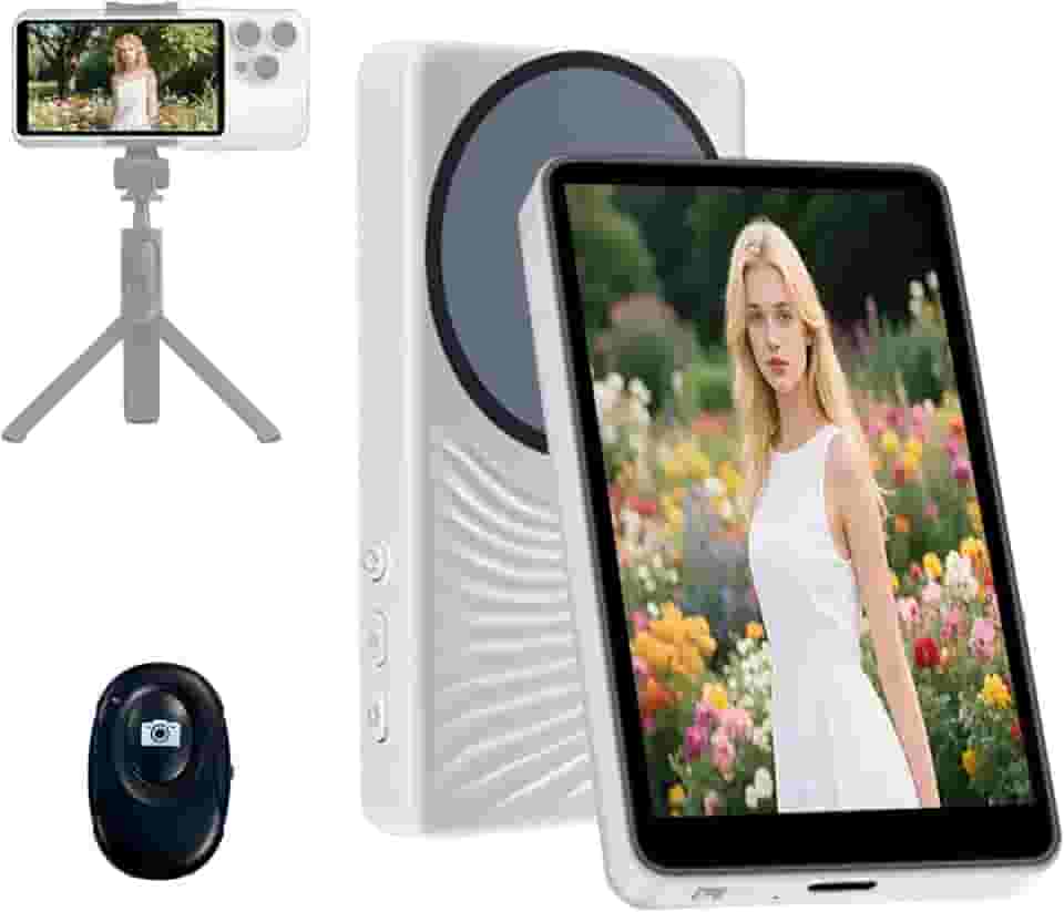 Tela de monitor de selfie Vlog com suporte magnético e controle remoto Bluetooth, espelhamento de câmera traseira em tempo real para iPhone, Android, brilho de 3 níveis, tela ampla, flip de 180°