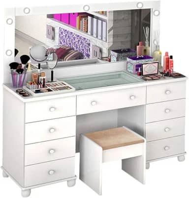 Penteadeira Com Banqueta Camarim Luxo Luz de Led Branco Acetinado