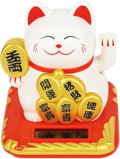 Gato da Sorte Solar Maneki Neko, Branco e Vermelho, Decorativo com Moedas Douradas, Prosperidade, Presente Oriental
