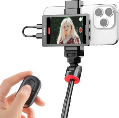 Tela para celular King Ma para vlog e selfie, 4K, 30 fps, com fio, para câmera traseira de iPhone, com clipe magnético e controle remoto Bluetooth para vlog, transmissão ao vivo e TikTok