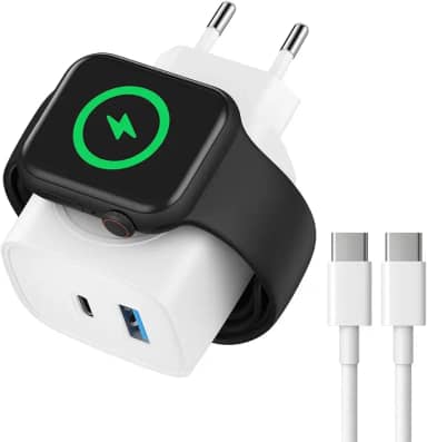 Carregador Relógio Watch 3 em 1 com Base Magnética Sem Fio + Cabo Tipo C Rápido + USB-A – (Compatível com Apple Watch) e Dispositivos USB-C Carregamento Turbo