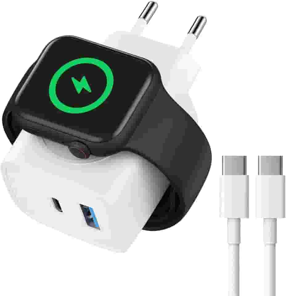 Carregador Relógio Watch 3 em 1 com Base Magnética Sem Fio + Cabo Tipo C Rápido + USB-A – (Compatível com Apple Watch) e Dispositivos USB-C Carregamento Turbo