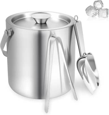 Balde de gelo de aço inoxidável de 2 L com tampa, colher e pinça, balde de gelo isolado de parede dupla, recipiente refrigerador de bebidas de boa refrigeração, portátil para festas e coquetéis
