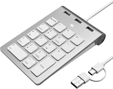 Teclado numérico com fio, teclado numérico USB com 3 portas USB 2.0, mini teclado portátil fino com 18 teclas para laptop, desktop, PC, ChromeBook, Surface Notebook