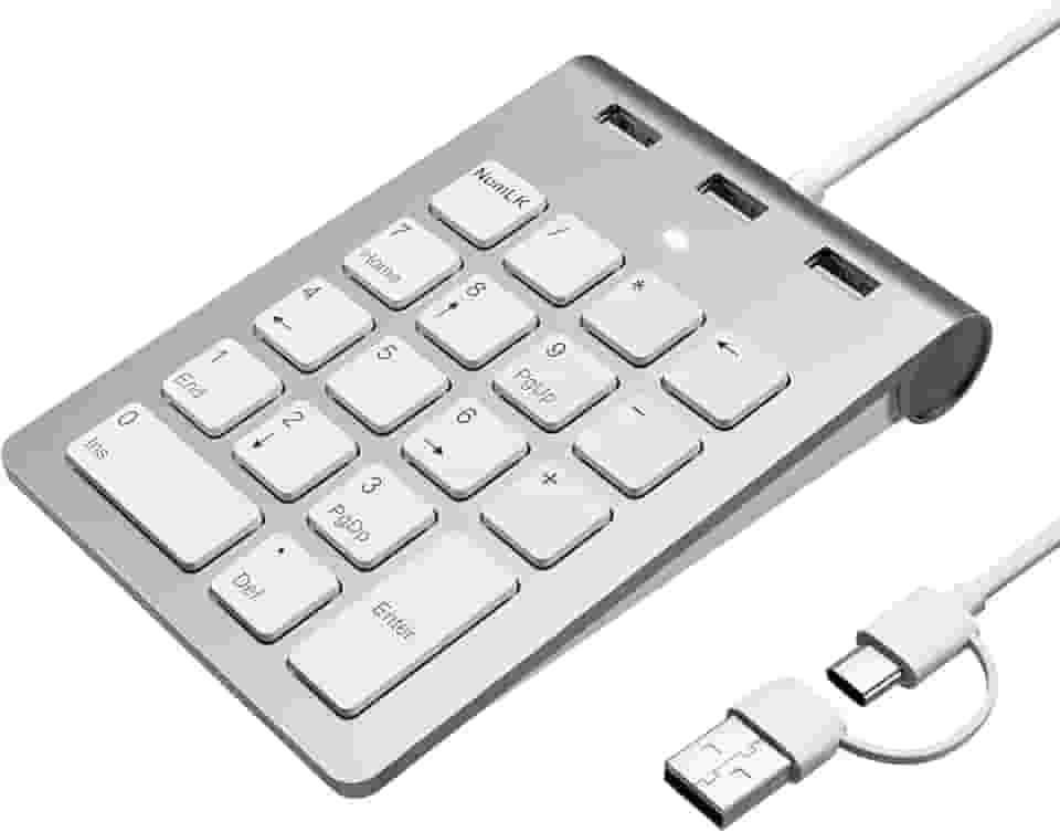 Teclado numérico com fio, teclado numérico USB com 3 portas USB 2.0, mini teclado portátil fino com 18 teclas para laptop, desktop, PC, ChromeBook, Surface Notebook