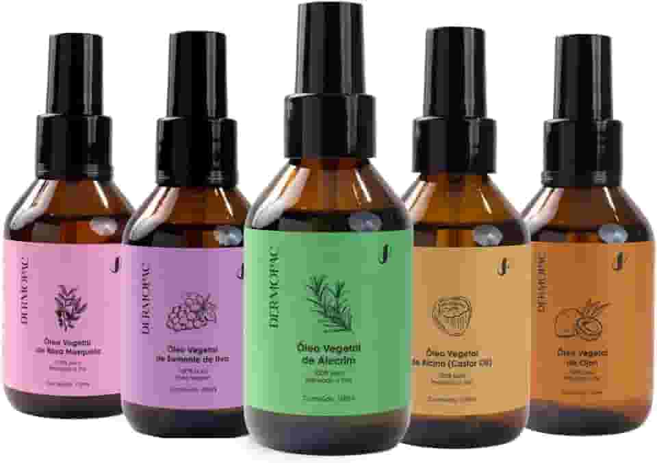 Dermopac Super Kit 5 Óleos Vegetais, 100ml Cada, Ojon, Alecrim, Rícino, Semente de Uva, Rosa Mosqueta para Cabelo e Pele, Capilar, Facial 100% Puro Natural