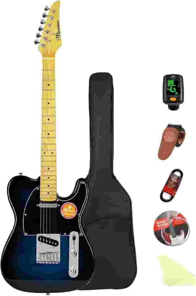 Bullstar Kit iniciante de guitarra elétrica série TL, corpo de madeira Paulownia tamanho completo, pescoço em forma de C, guitarra elétrica, pacote de acessórios bolsa de guitarra MS110 (azul)
