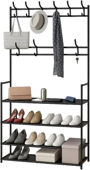 Sapateira Organizador com Cabideiro de Chão e 4 Prateleiras Arara Multiuso Vertical para Roupas, Bolsas e Sapatos (Preto)