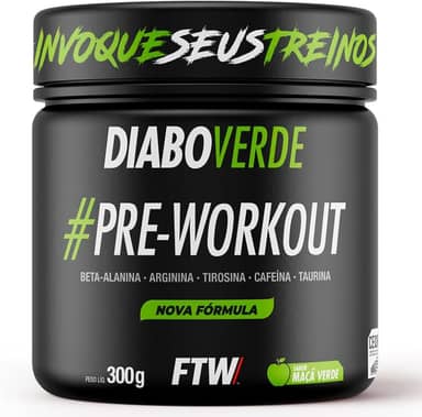 FTW Pré-Treino Diabo Verde em Pó com Cafeína, Aminoácidos Beta‑Alanina e Arginina para Treinos e Atividades Físicas - Pote 300 g (Maça Verde)