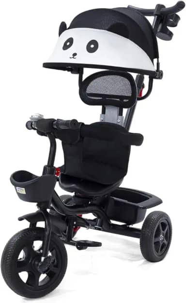 Triciclo Carrinho de Passeio 2 em 1 Infantil Assento Giratório 360° com Capota Solar Porta Objetos Cinto de Segurança até 50kg Haste Empurrador Cestos (PRETO)