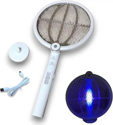 Super Raquete Elétrica Branca 2 em 1 Luminaria Armadilha Repelente Luz Led UV Lampada Choque 3000V Mata Mosca Mosquito Dengue Pernilongo Anti Inseto, Recarregavel USB