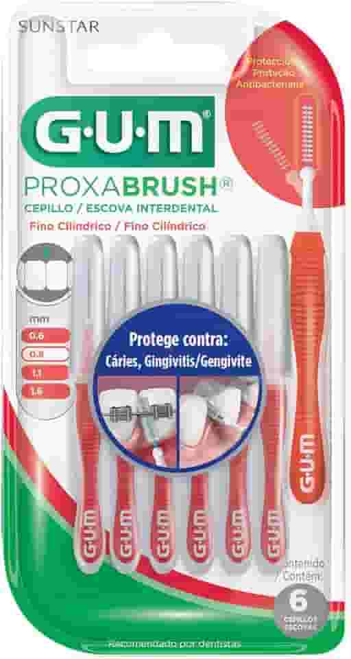 Escova Interdental Portátil Cerda Fina 0.8 mm GUM, Limpeza entre os Dentes, 6 unid., Gum, Vermelha, 0.8 Mm