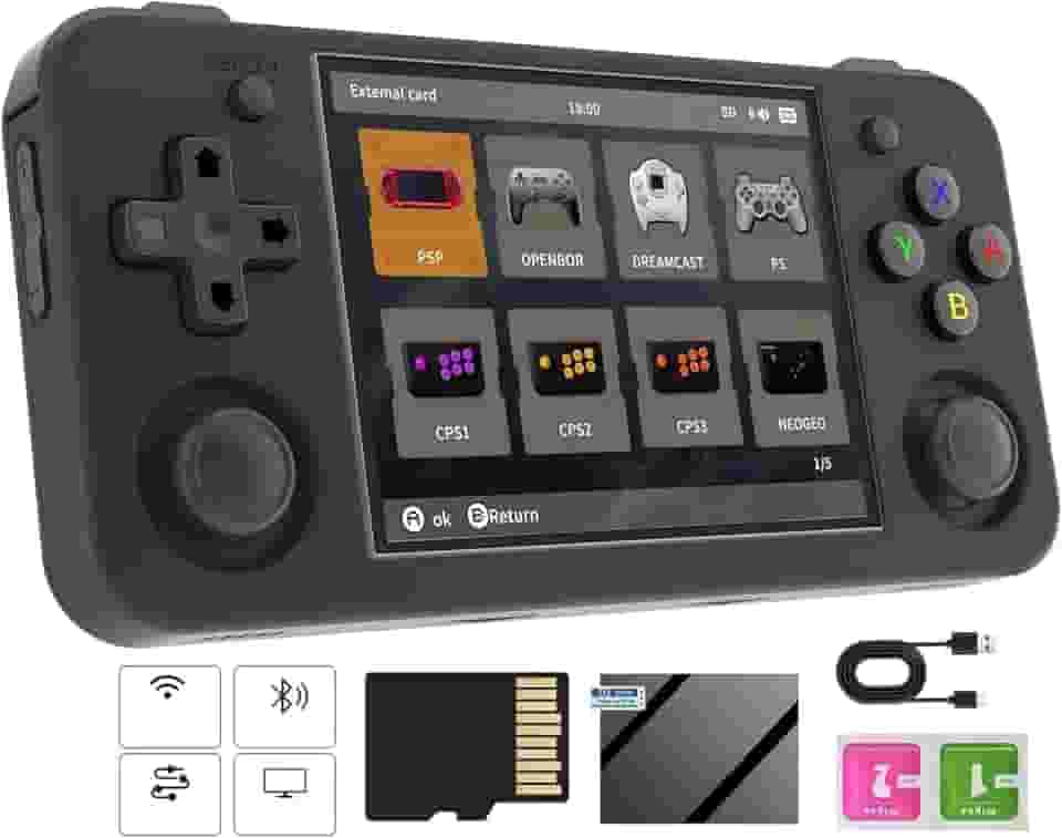 Video Game Emulador Mini Game Console Retrô RG35XX H, Cartão TF de 64 GB Integrado, Tela IPS de 3,5 Polegadas, Sistema Linux, Suporte a Mais de 5500 Jogos Clássicos, Gamepad sem Fio 2.4G/5G, TV, Monitor WiFi Bluetooth 4.2 - Preto.