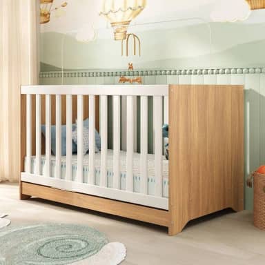 Berço Americano 3 em 1 Multimóveis para Colchão 130x70cm Conversível em Mini Cama e Sofá - Madeirado/Branco - Modelo 0527PA