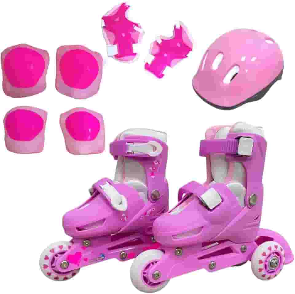 Patins Infantil 2 em 1 Ajustável, Rosa, com Capacete e Kit Proteção, 3 Rodas