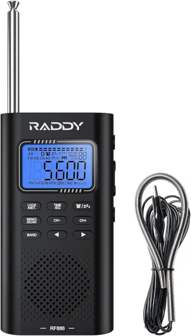 Raddy Rádio de ondas curtas portátil RF886 AM/FM/SW/VHF/WB Conexão BT com NOAA e alerta, bolso recarregável com antena de fio de 2,5 m