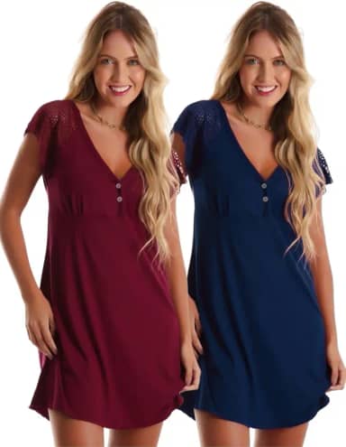 Kit com 2 Camisolas em Viscose com Detalhes Renda Estilo Camiseta Noite Dormir Amamentação Maternidade