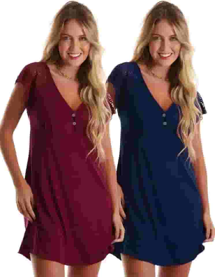 Kit com 2 Camisolas em Viscose com Detalhes Renda Estilo Camiseta Noite Dormir Amamentação Maternidade