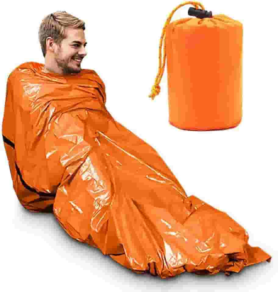 Saco de Dormir Térmico de Emergência Laranja – Compacto, Impermeável e Leve, Ideal para Camping, Trilha e Sobrevivência, com Isolamento Contra Frio, Vento e Umidade
